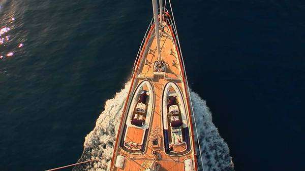 A view straight down from the crows nest of a sailing ship to the fore