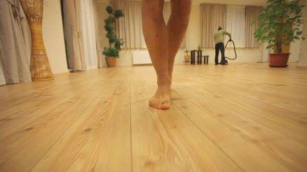 Man Walking On Wooden Floor Barefoot Stock Video Footage Dissolve