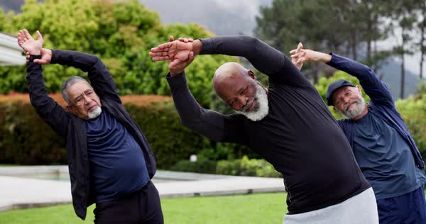 Outdoor, stretching and elderly men with fitness, exercise and