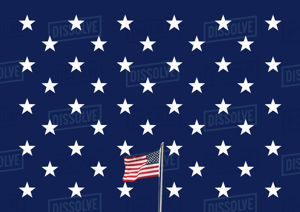 American flag waving against graphic field of 50 white stars on blue