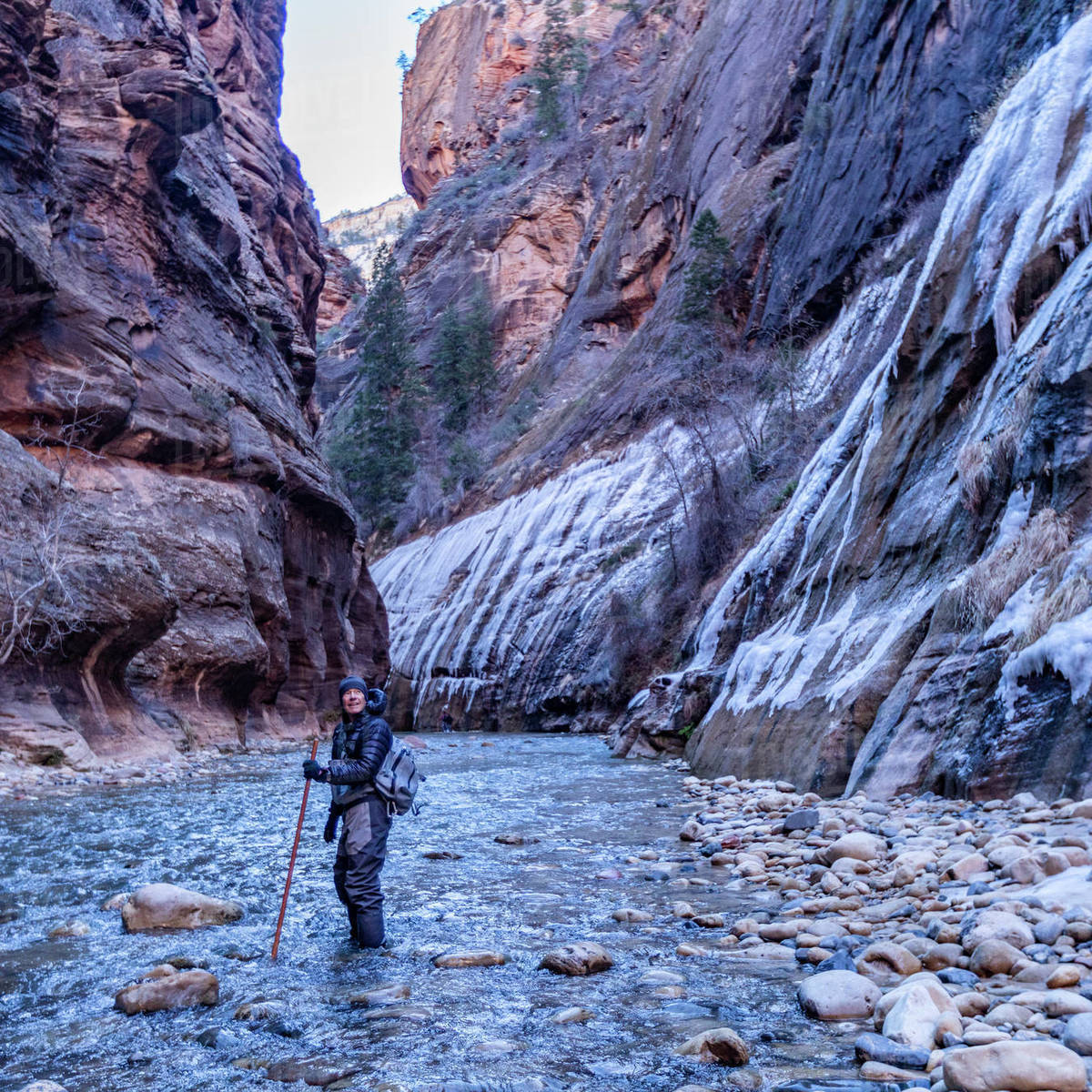 United States, Utah, Zion National Park, Senior hiker wading The