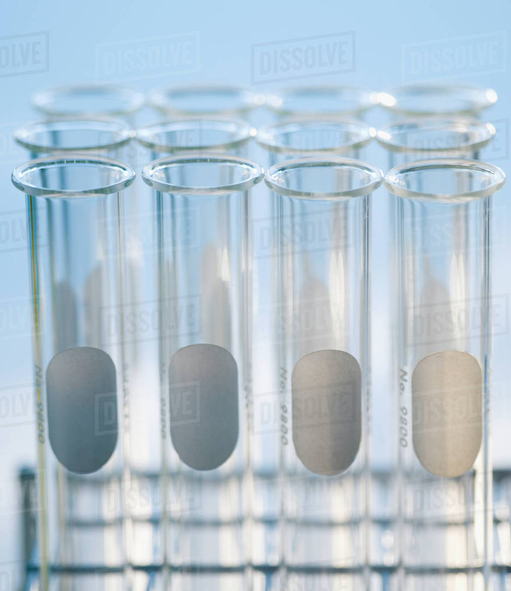 Close up of empty vials in tray Stock Photo Dissolve