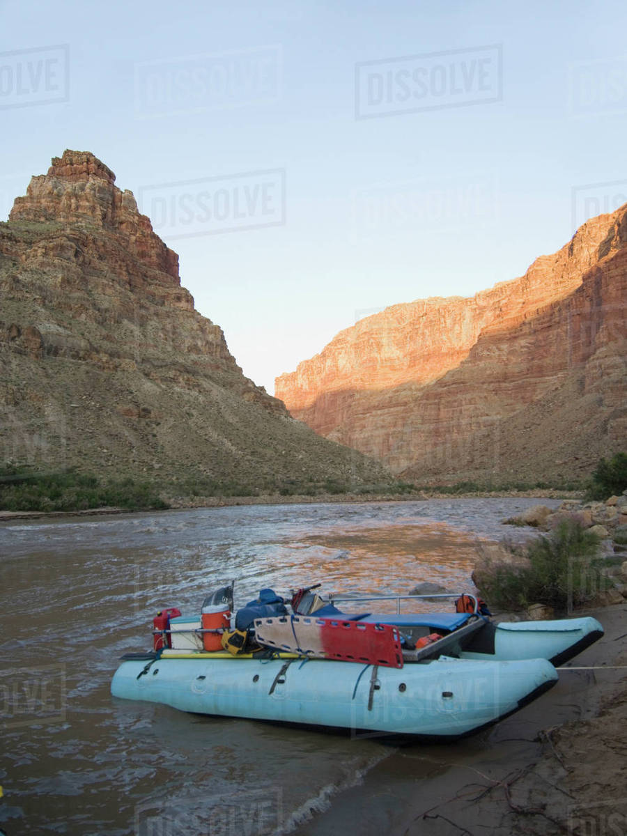 White water raft moored on river’s edge, Colorado River, Moab, Utah