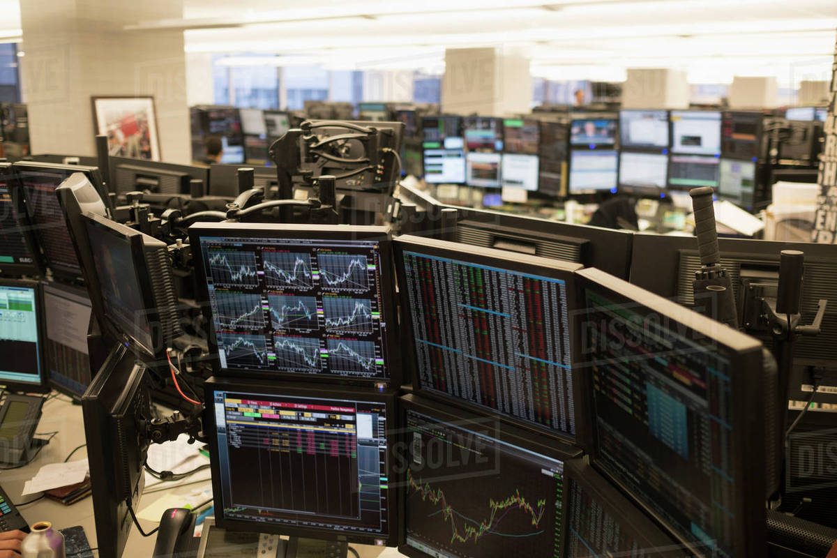 Trading floor with working computers Royalty-free stock photo