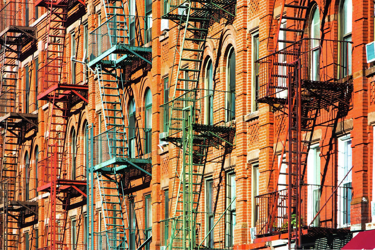 USA, New York, New York City, Fire escapes of apartments Stock Photo