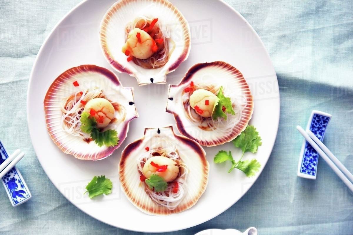 Steamed scallops, Asian style Stock Photo Dissolve