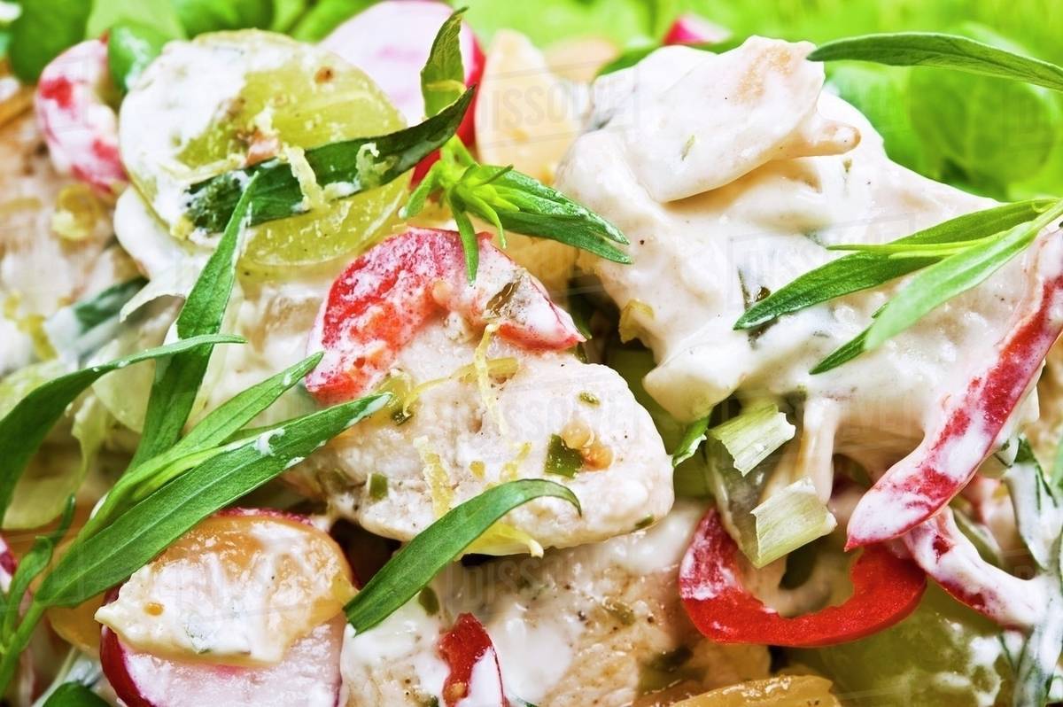 Chicken salad with a creme fraiche dressing, tarragon, grapes and