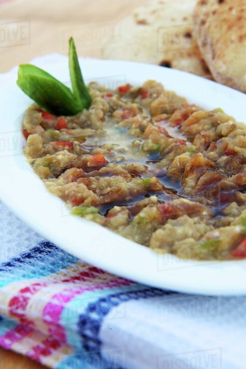Raheb (salad with grilled eggplant, Lebanon) Stock Photo Dissolve