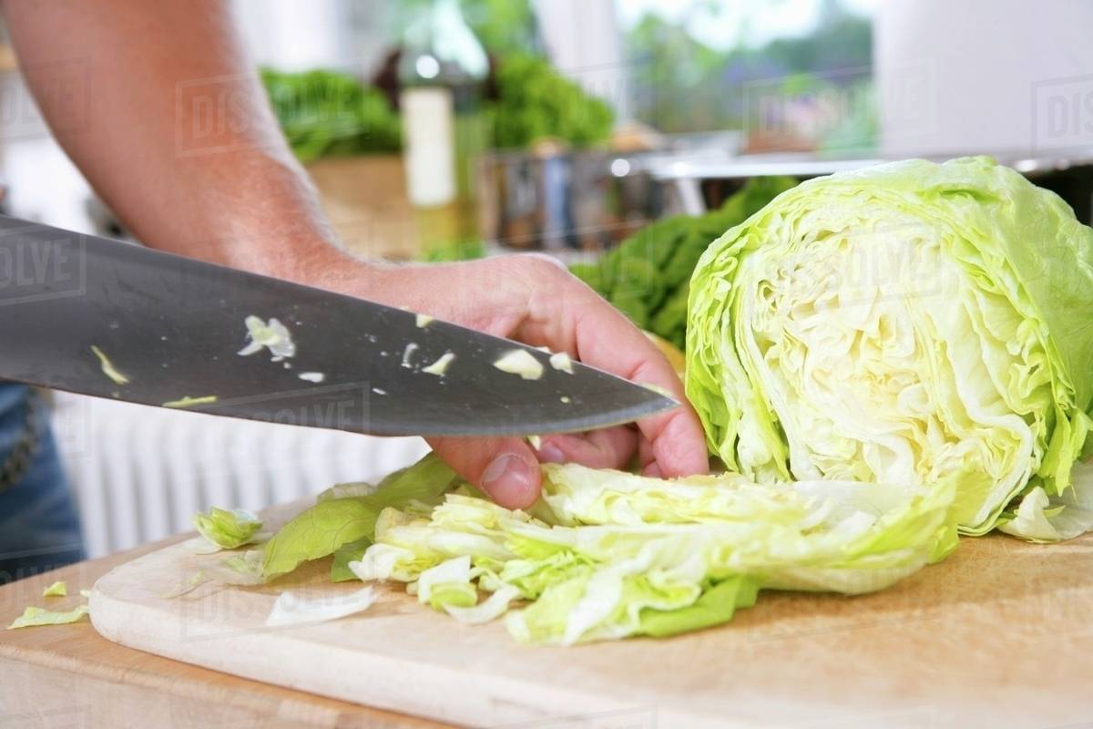 Cutting iceberg lettuce into bitesized pieces Stock Photo Dissolve