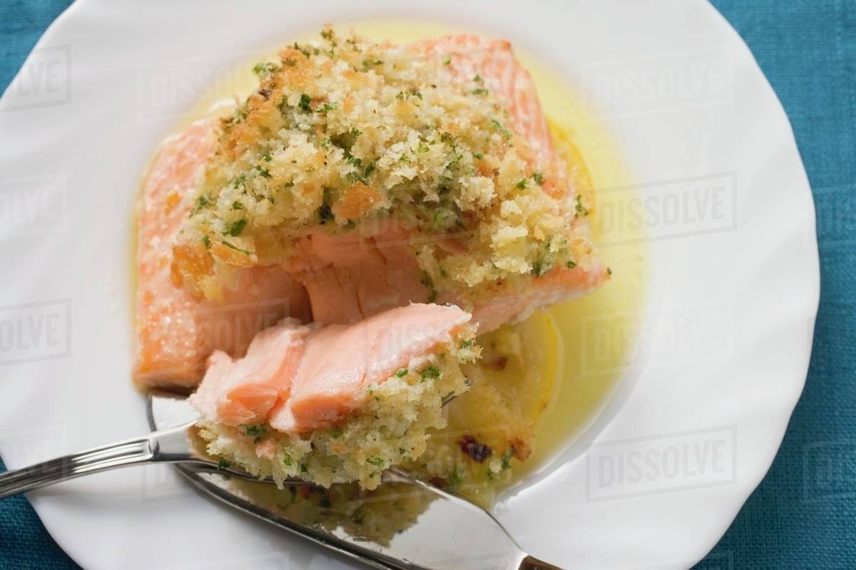 Salmon fillet with gratin topping Stock Photo Dissolve