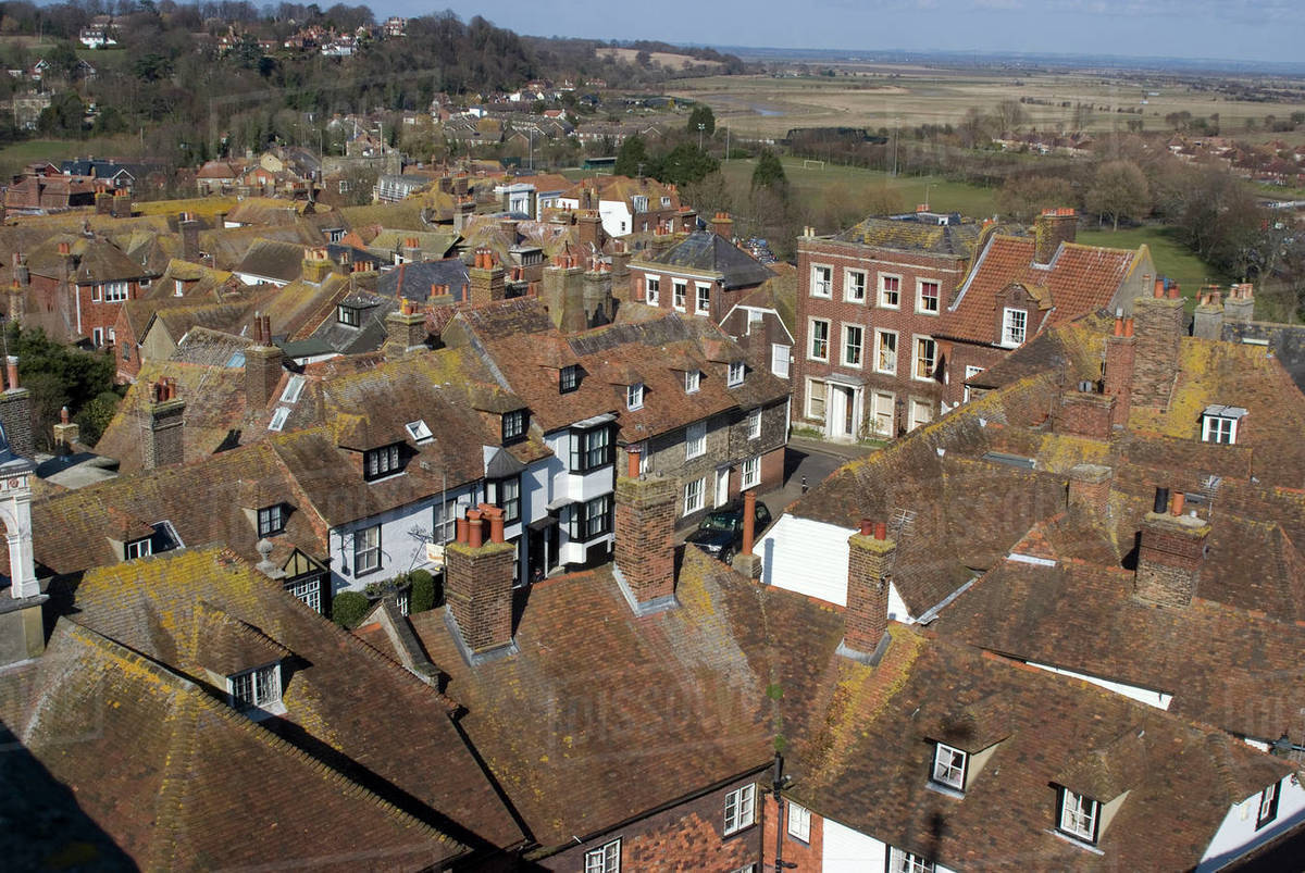 Aerial view of halftimbered detailed houses in Rye, East Sussex