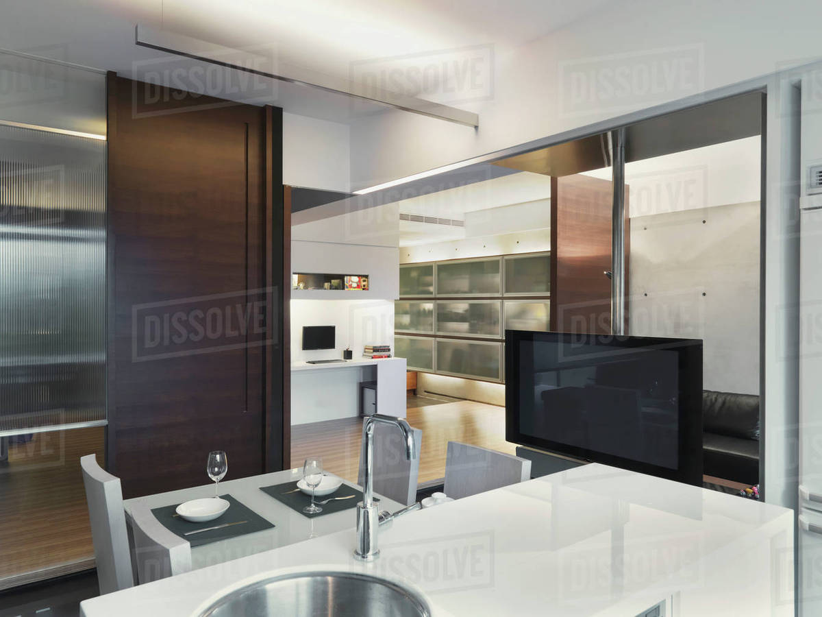 Open Modern Kitchen With Flat Screen Television Stock Photo Dissolve Open Modern Kitchen With Flat Screen Television
