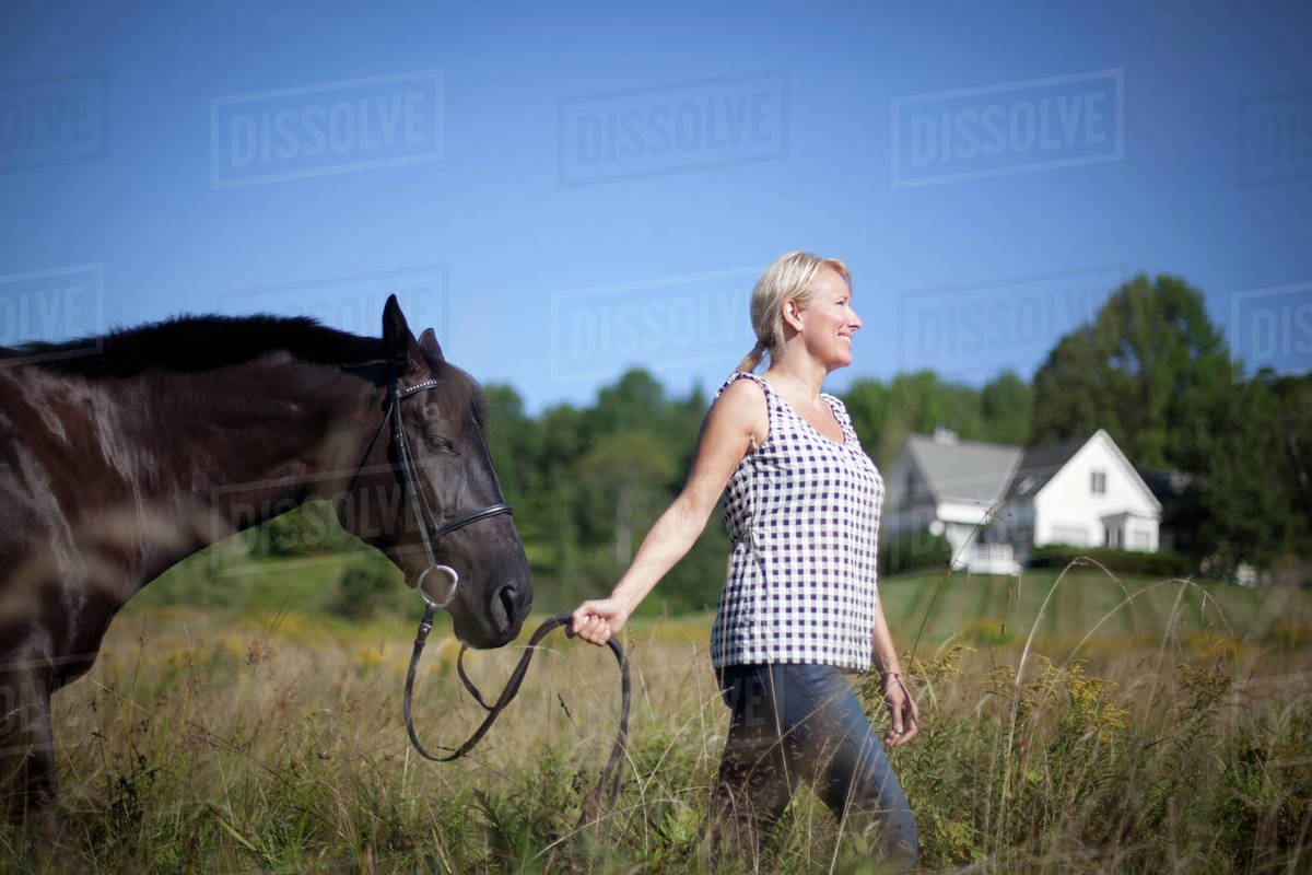Caucasian woman leading horse through field Stock Photo Dissolve