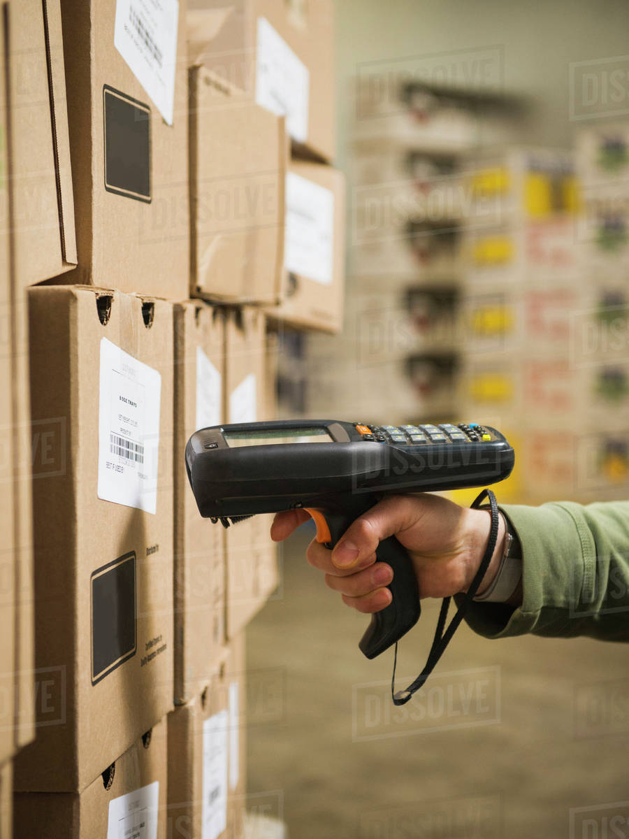 Hispanic worker scanning boxes in walkin freezer Stock Photo Dissolve