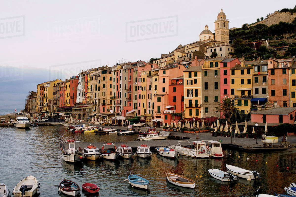 Apartment buildings on waterfront, Cinque Terre, Liguria, Italy Stock