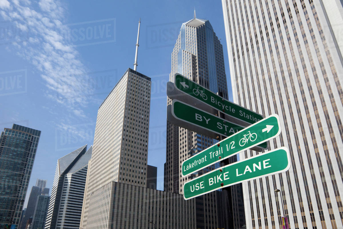Close up of road signs on Chicago city street, Chicago, United States
