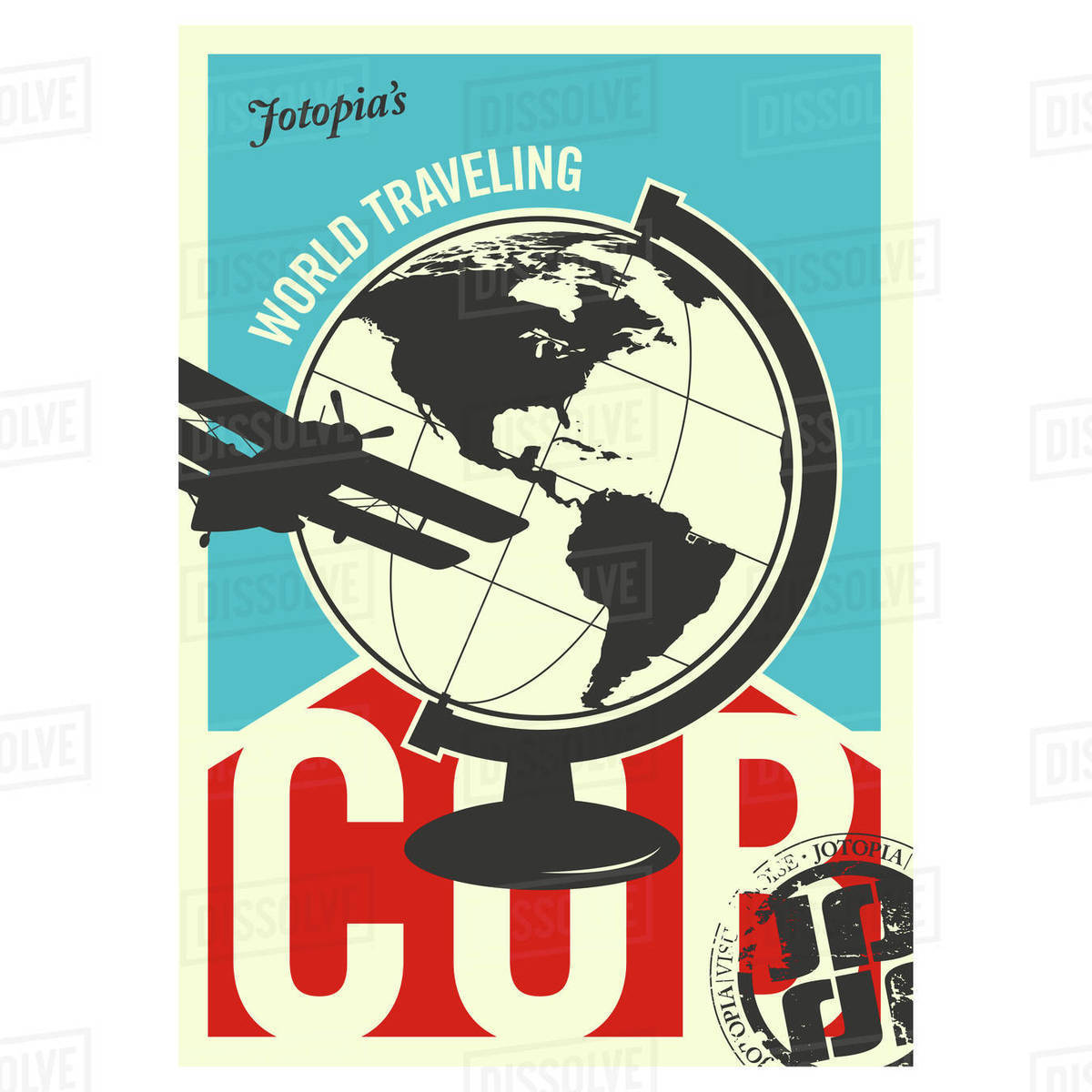 Illustration of sticker with airplane flying around the globe on white background Royalty-free stock photo