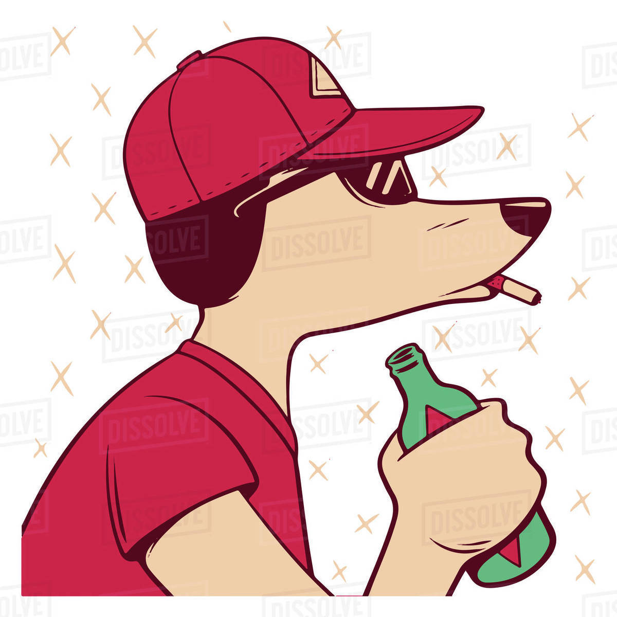 Illustration of a cool dog in sunglasses and cap holding bottle and smoking against white background Royalty-free stock photo