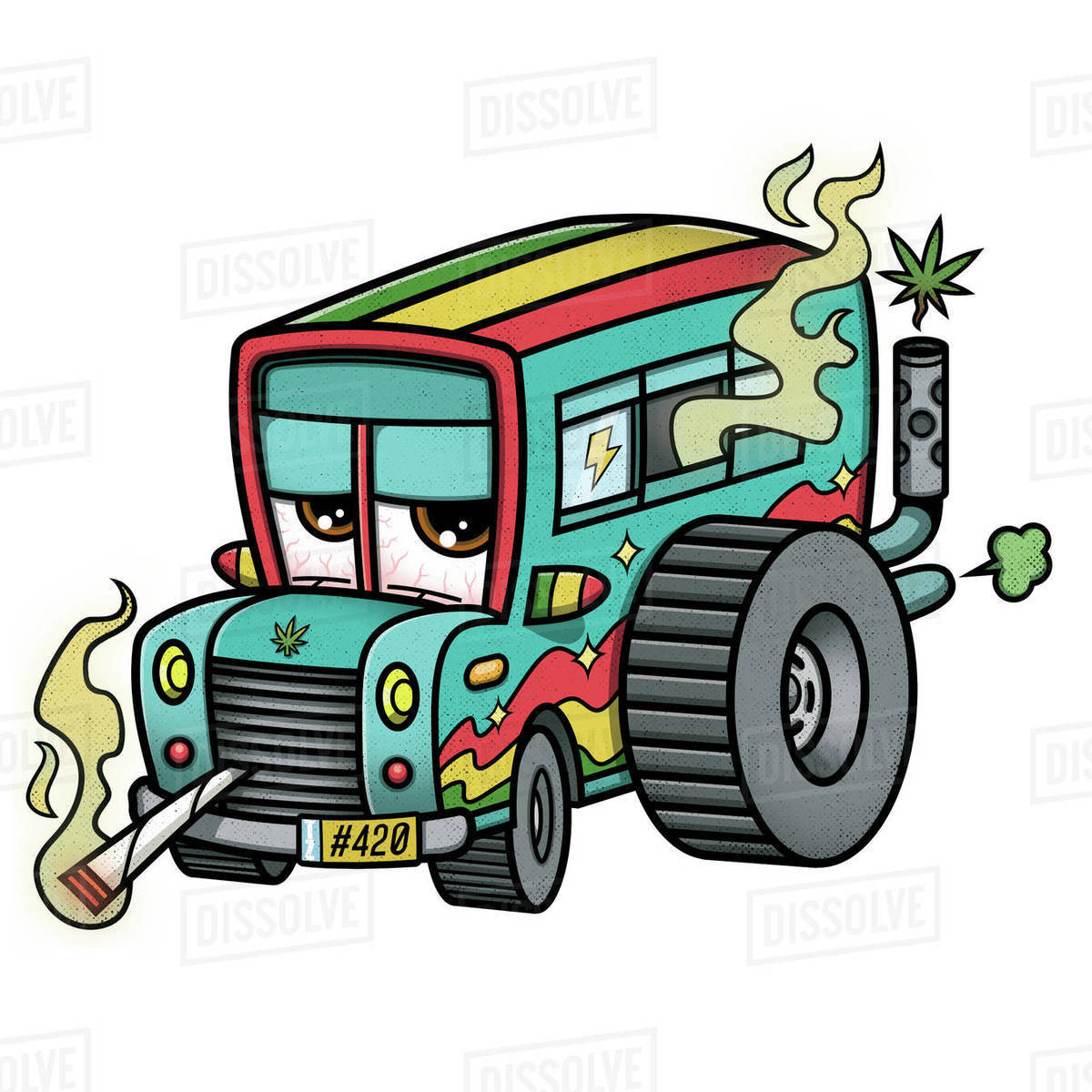 Cartoon illustration of school bus smoking cigarette against white background Royalty-free stock photo