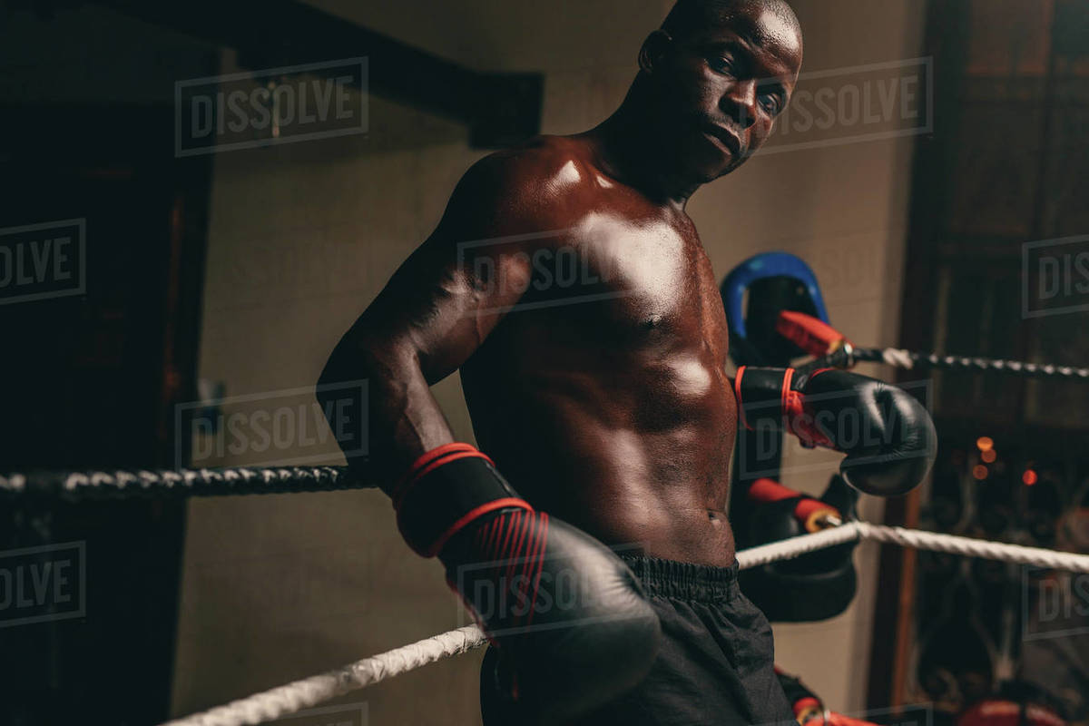 Sweaty male boxing relaxing in the corner of the ring leaning back