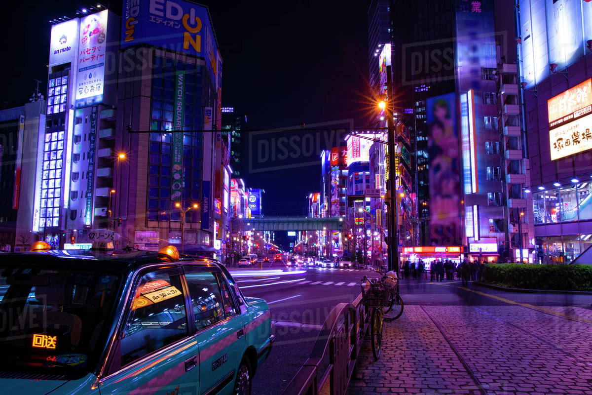 A night neon street at the downtown wide shot. Taito district Akihabara