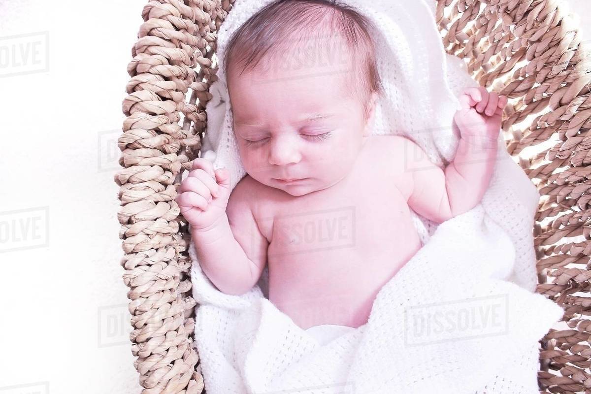 Baby girl sleeping in moses basket Stock Photo Dissolve
