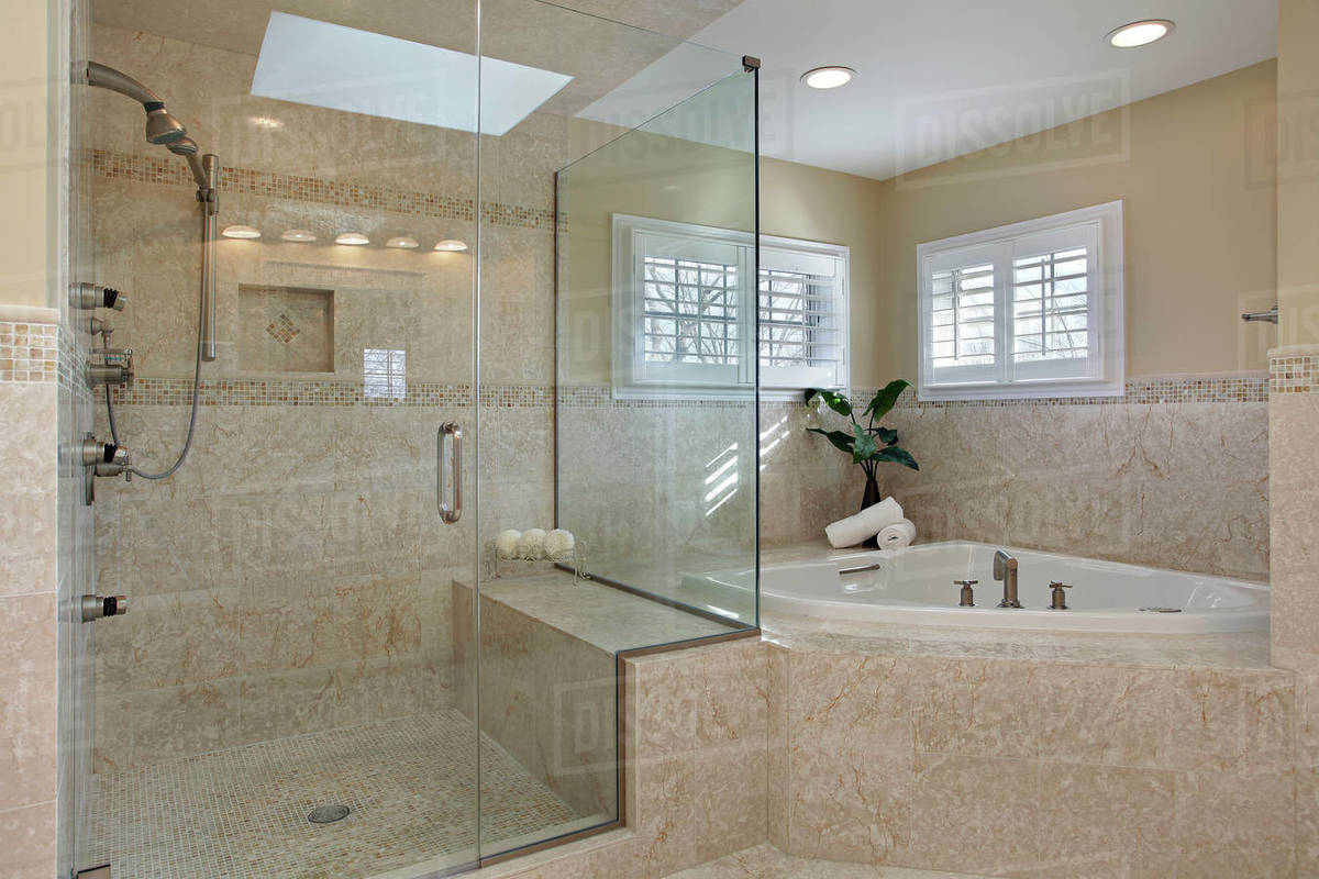 Modern master bath with large glass shower - Royalty-free Stock Photo ...