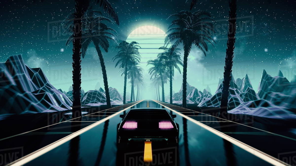 80s retro futuristic sci-fi seamless loop with vintage car. Riding in retrowave VJ videogame landscape, blue neon lights and low poly grid. Stylized cyberpunk vaporwave 3D animation background.  Royalty-free stock photo