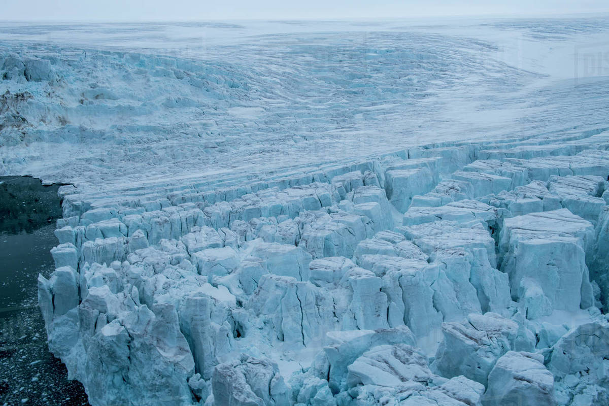Aerial of the massive glacier of Alexandra Land, Franz Josef Land archipelago, Arkhangelsk