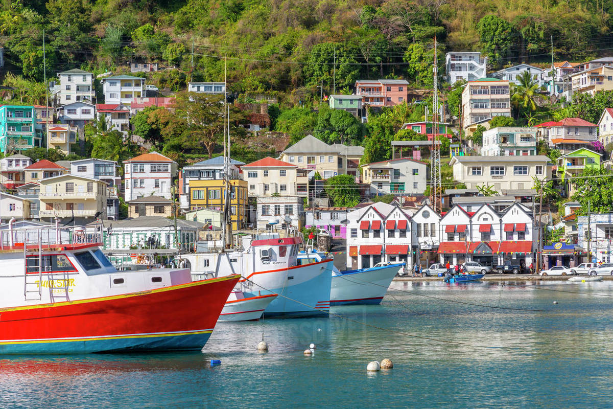 Colourful boats and houses on the Carenage of St. George's, Grenada, Windward Islands, West Indies, Caribbean, Central America Royalty-free stock photo