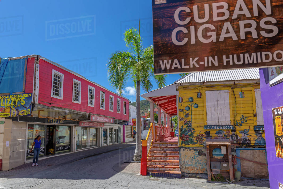 View of shops and buildings on Front Street, Philipsburg, St. Maarten, Leeward Islands, West Indies, Caribbean, Central America Royalty-free stock photo