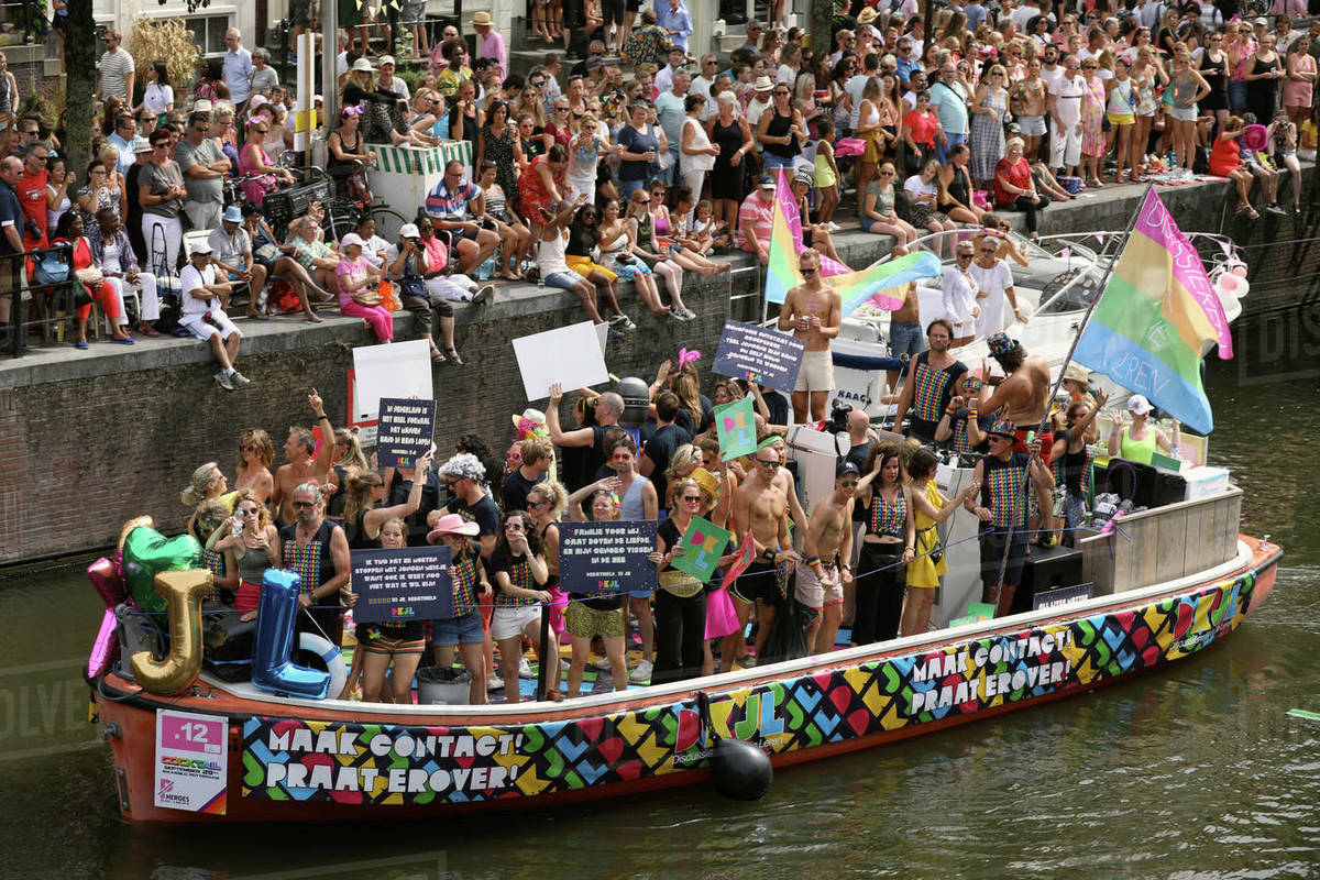 Boat at Gay Pride parade, Canal parade in Amsterdam, North Holland, The Netherlands, Europe Royalty-free stock photo