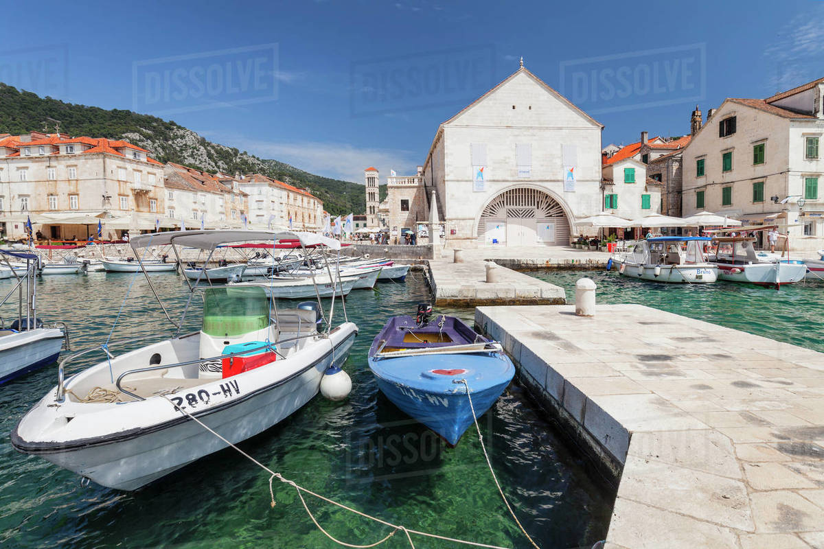 View from port to Sveti Stjepan Cathedral and Arsenal, Hvar, Hvar Island, Dalmatia, Croatia, Europe Royalty-free stock photo