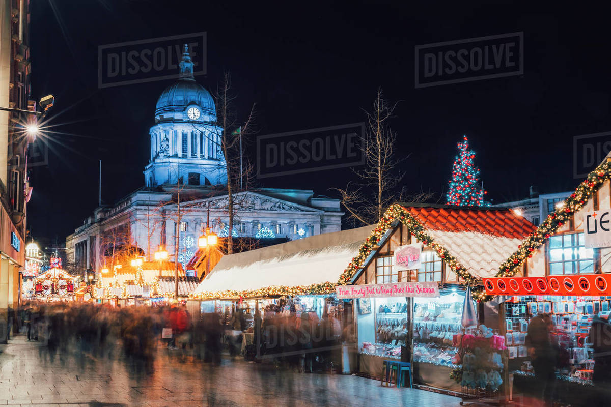 Christmas Market and City Council Building on Old Market Square at night, Nottingham, Nottinghamshire, England, United Kingdom, Europe Royalty-free stock photo