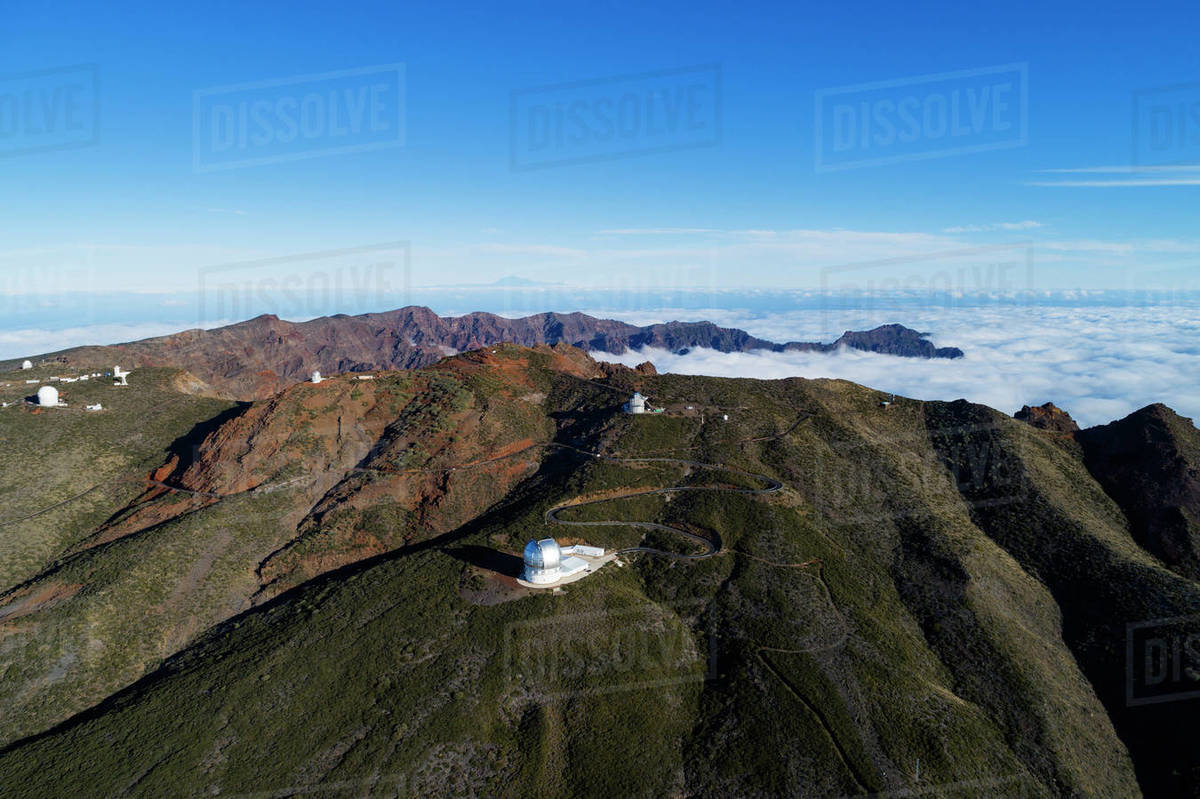 Aerial view of Telescope observatory, near Caldera de Taburiente National Park, UNESCO Biosphere Site, La Palma, Canary Islands, Spain, Atlantic, Europe Royalty-free stock photo