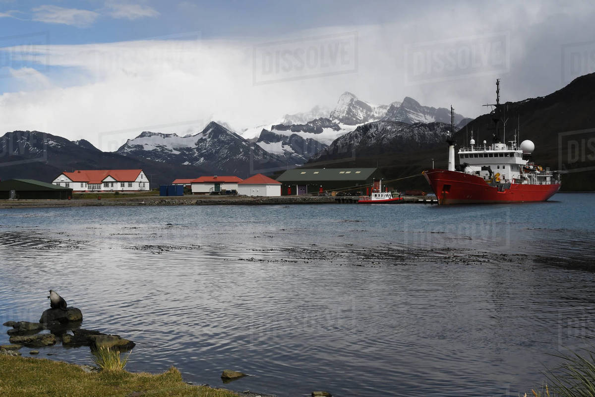 King Edward Point research station with fisheries patrol boat Pharos alongside at the jetty, South Georgia, Polar Regions Royalty-free stock photo