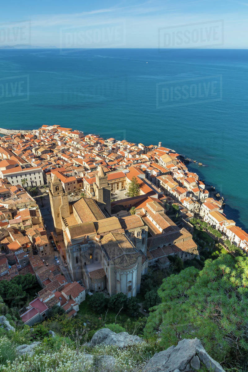 View from Rocca di Cefalu down to the old town and the Cathedral, UNESCO World Heritage Site, Cefalu, Sicily, Italy, Mediterranean, Europe Royalty-free stock photo