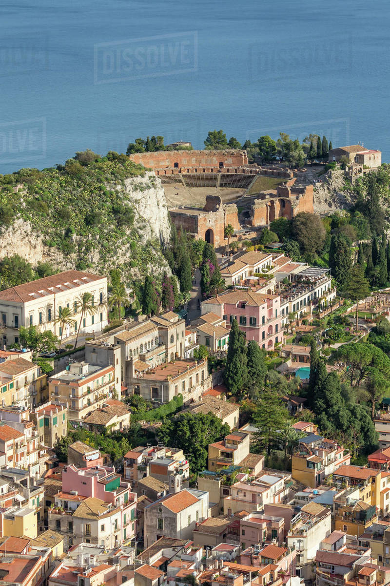 View over Taormina and the ancient Greek Theatre, Taormina, Sicily, Italy, Europe Royalty-free stock photo