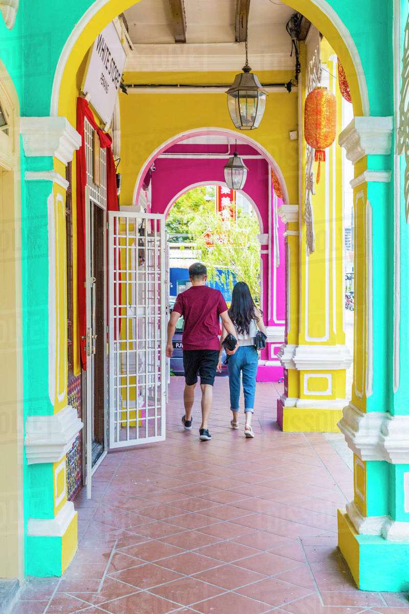 The colourful shop house architecture of Kek Chuan Jalan Road in George Town, Penang Island, Malaysia, Southeast Asia, Asia Rights-managed stock photo