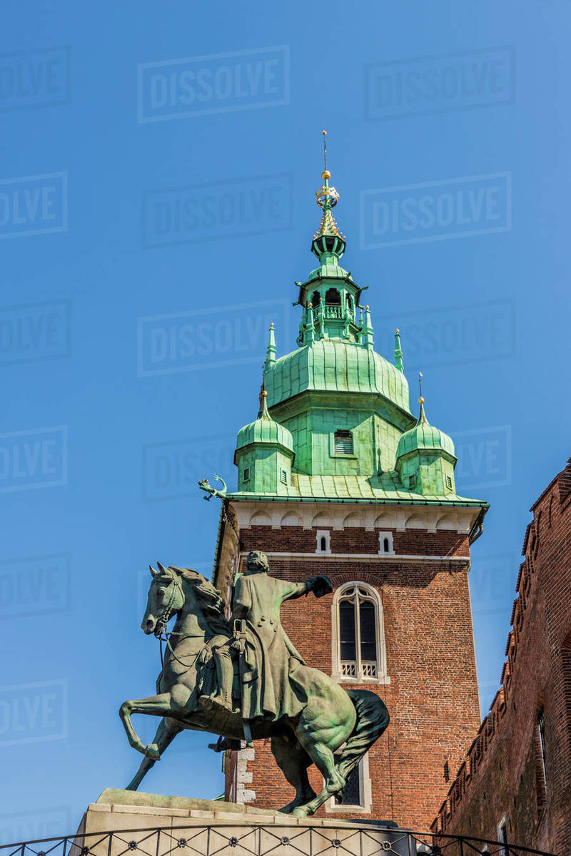 Tadeusz Kosciuszko statue, Wawel Royal Castle, UNESCO World Heritage Site, in the medieval old town, in Krakow, Poland, Europe Rights-managed stock photo