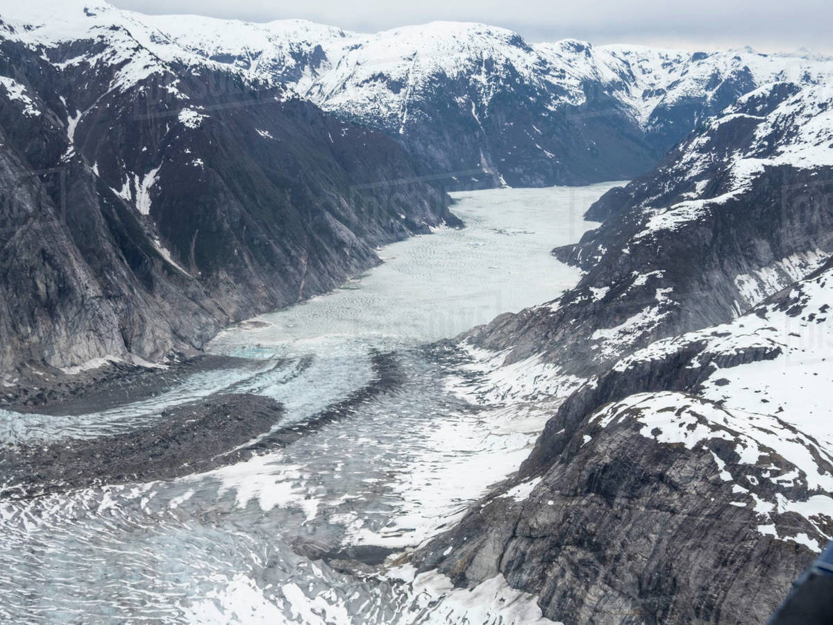 Aerial view of the Leconte Glacier, flowing from the Stikine Ice Field