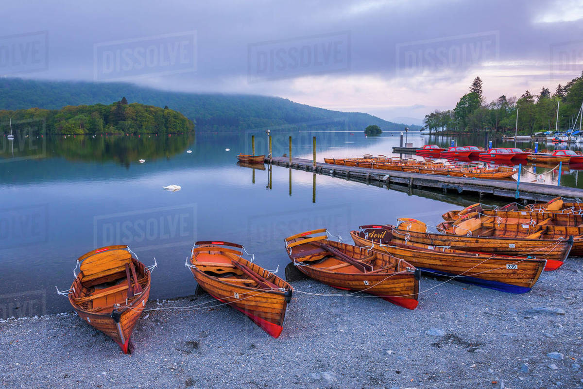 Rowing boats at Windermere at sunset, Lake District National Park