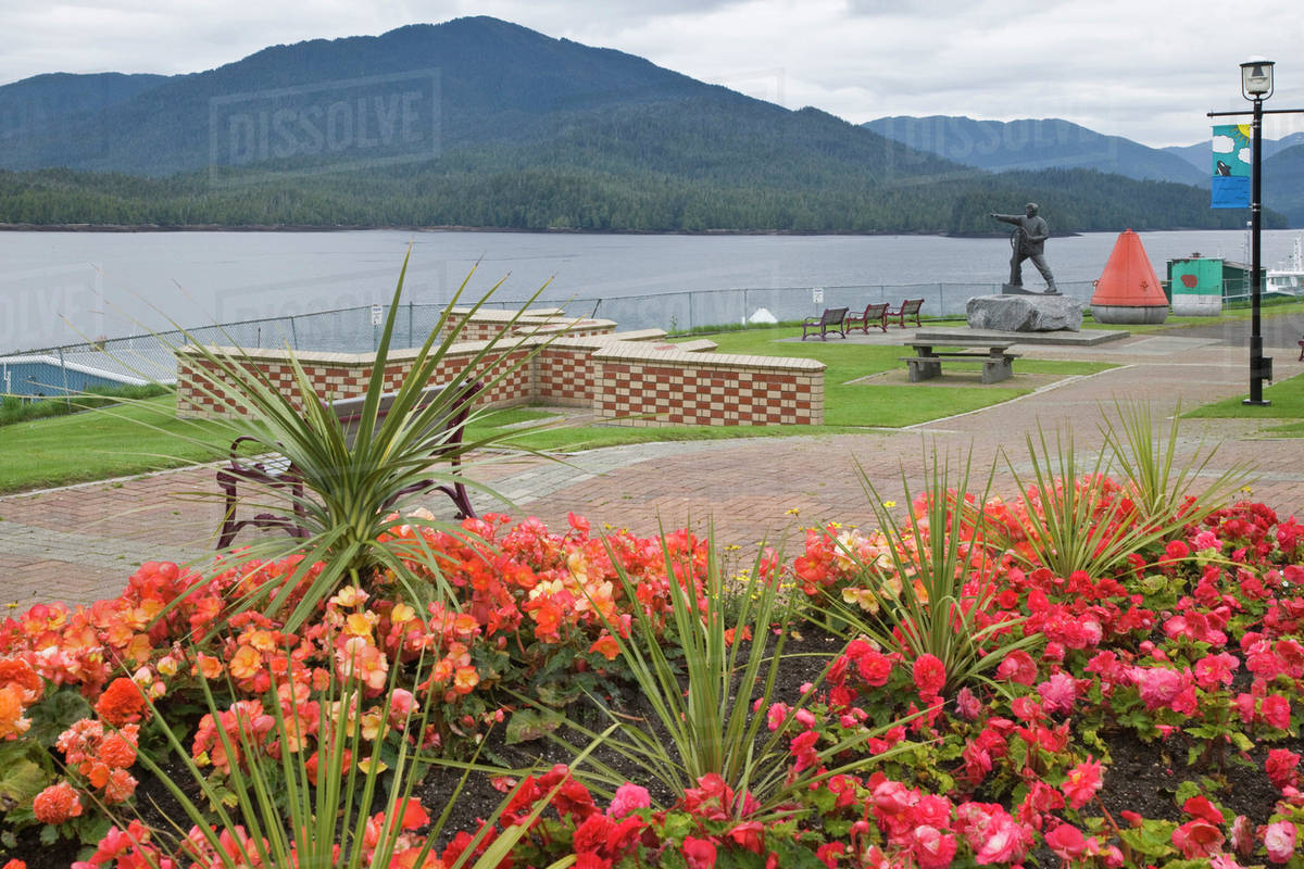 Canada, British Columbia, Prince Rupert. Flowers decorate park next to