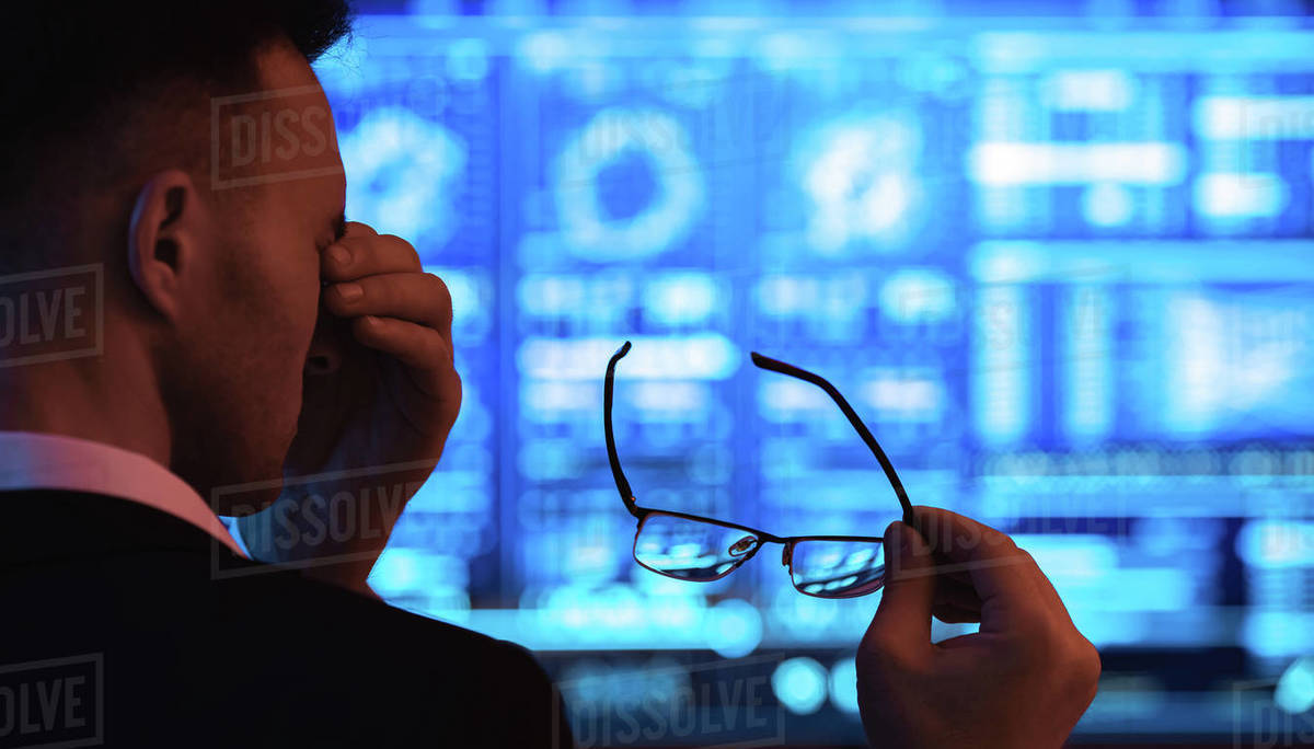 The businessman feeling headache on the screen background Stock Photo