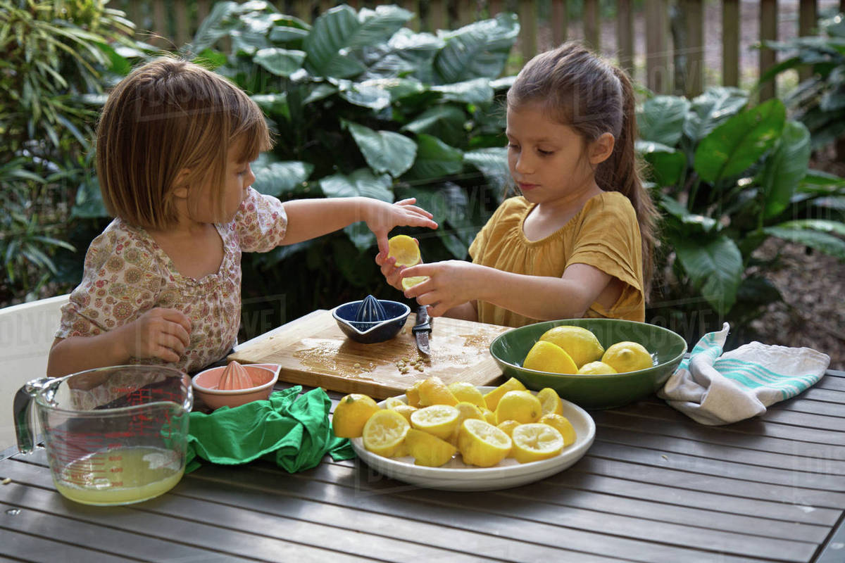 Two young sisters preparing lemon juice for lemonade at garden table