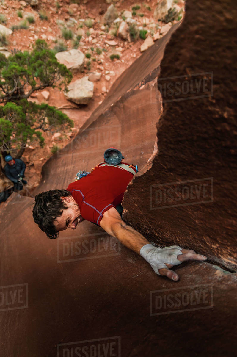 Man trad climbing, Indian Creek, Moab, Utah, USA Royalty-free stock photo