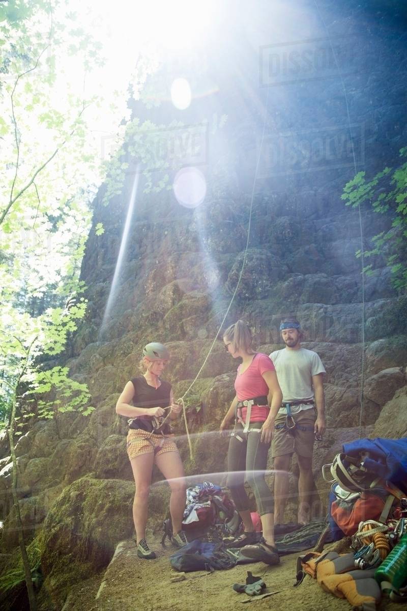 Friends rock climbing, French's Dome, Zig Zag, Oregon, USA Stock