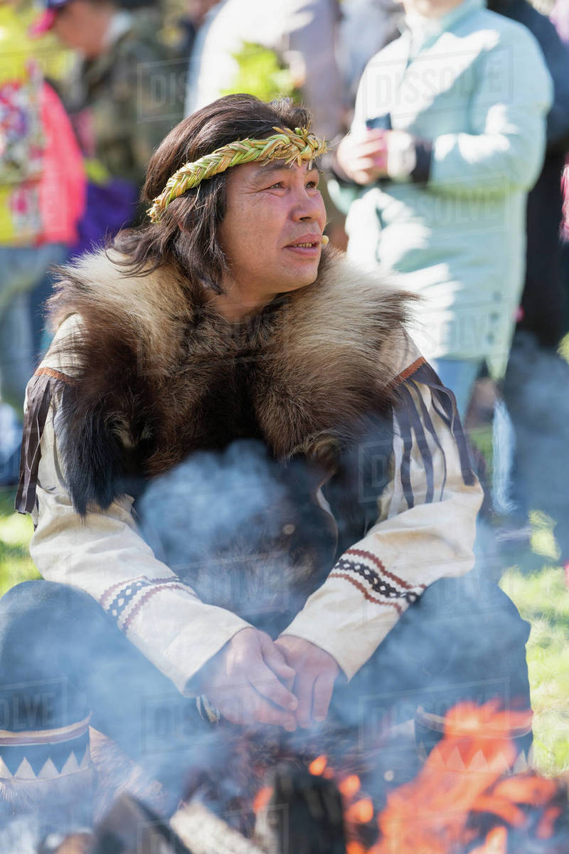 Itelmen shaman in traditional clothing aboriginal Kamchatka Peninsula