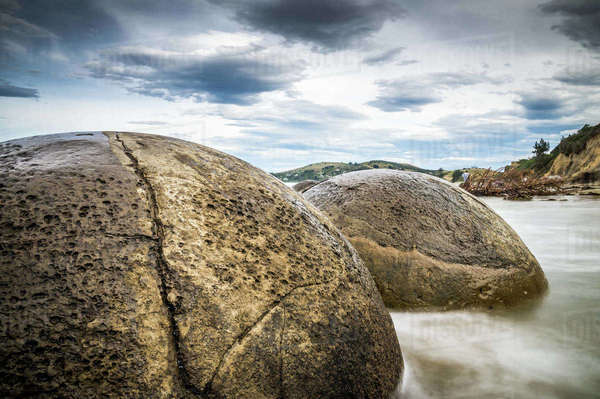 Close-up of the Moeraki Boulders round rock formations in Moeraki, New ...