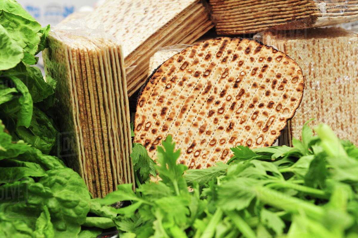 A variety of different types of matza (unleavened bread) surrounded by